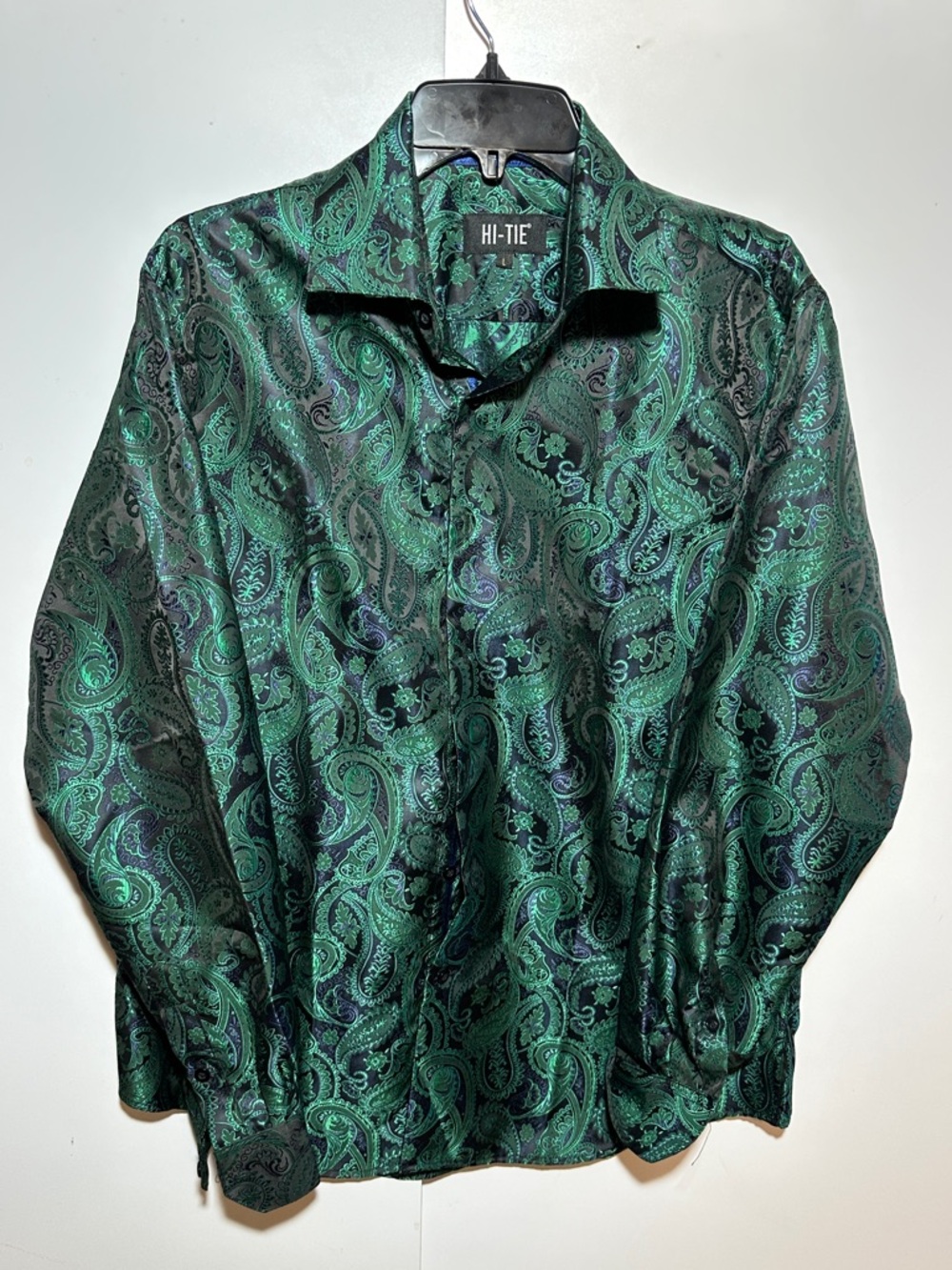 Hi-Tie Green Paisley Satin Dress Shirt